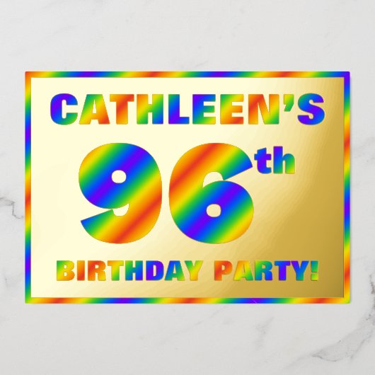 96e Birthday Party - Fun, regenboogspectrum "96" Folie Uitnodiging (Voorkant)