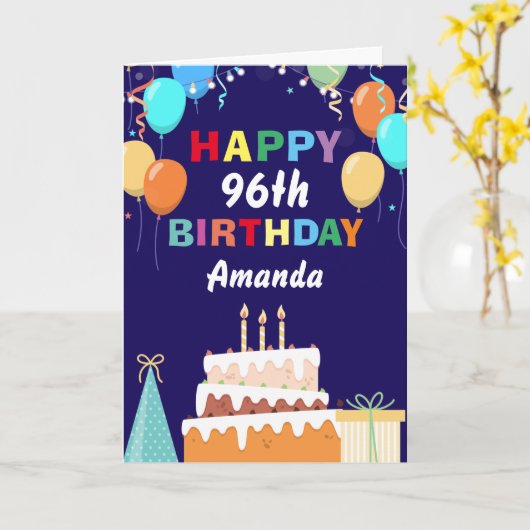 96e Happy Birthday Balloons Cake Navy Blue Kaart (Gele Bloem)