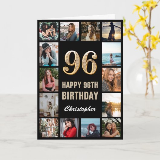96e Happy Birthday Black en Gold Photo Collage Kaart (Gele Bloem)