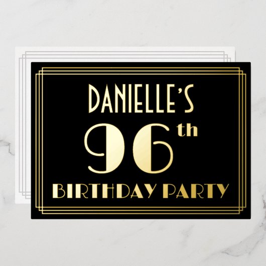 96e verjaardag: Art Deco Kijk "96", met naam Folie Uitnodiging (Voorkant / Achterkant)