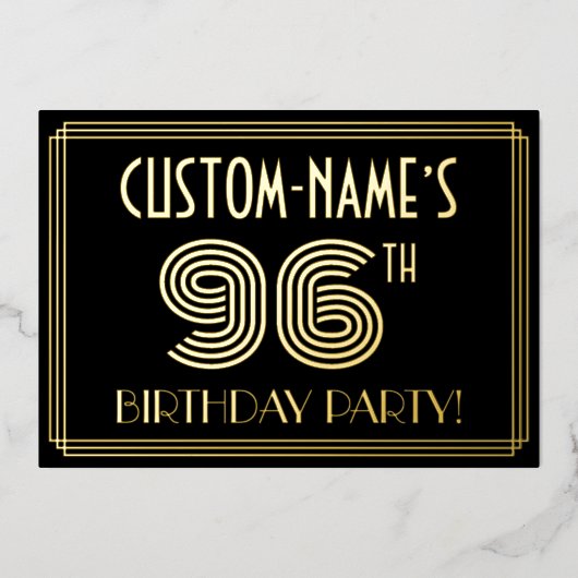 96e verjaardag — Art Deco Style "96" + Naam Folie Uitnodiging (Voorkant)
