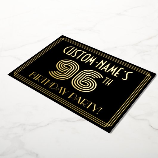 96e verjaardag — Art Deco Style "96" + Naam Folie Uitnodiging (Gedraaid)