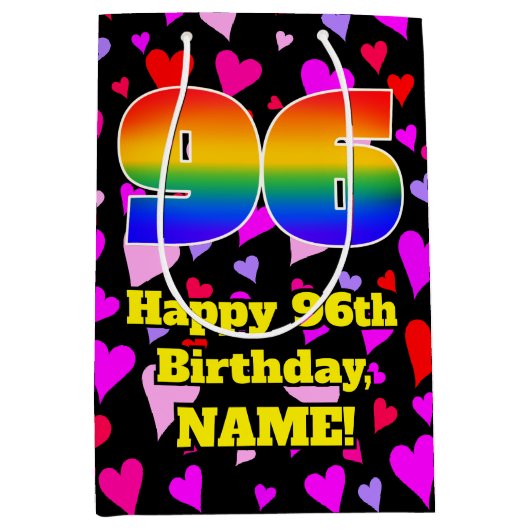 96e verjaardag: Beeldende harten Patroon, Regenboo Medium Cadeauzakje (Voorkant)