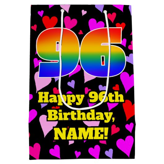 96e verjaardag: Beeldende harten Patroon, Regenboo Medium Cadeauzakje (Achterkant)