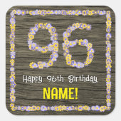 96e verjaardag: Bloemennummer, Faux Wood Look, Naa Vierkante Sticker (Voorkant)