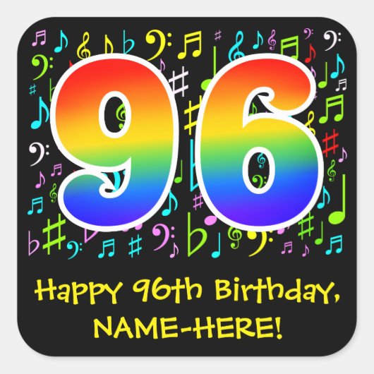 96e verjaardag: Colorful Music Symbols, Rainbow 96 Vierkante Sticker (Voorkant)