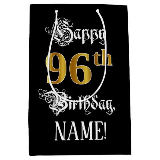 96e verjaardag ~ Fancy script; Faux Gold look; naa Medium Cadeauzakje (Voorkant)