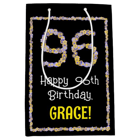 96e verjaardag: Floral Flowers Number, Custom Name Medium Cadeauzakje (Voorkant)