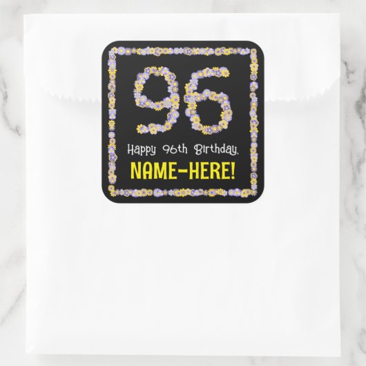 96e verjaardag: Floral Flowers Number, Custom Name Vierkante Sticker (Tas)