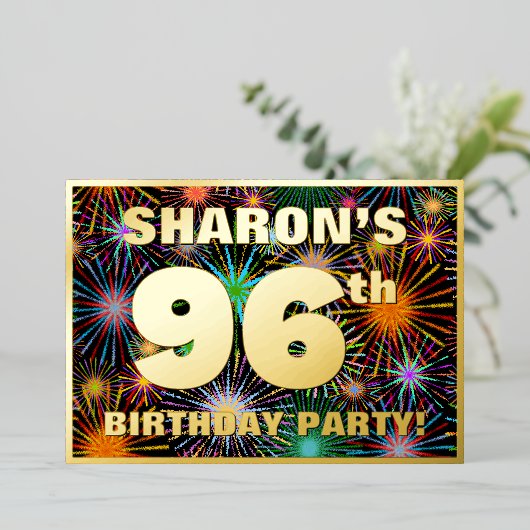 96e verjaardag — Fun, kleurrijke Fireworks look Folie Uitnodiging (Staand Voorkant)