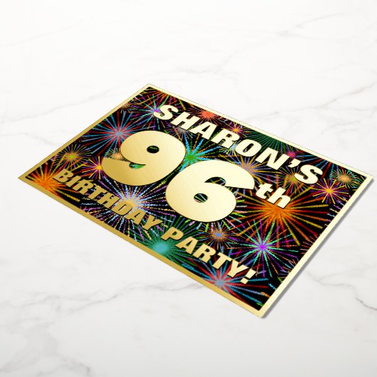 96e verjaardag — Fun, kleurrijke Fireworks look Folie Uitnodiging (Gedraaid)