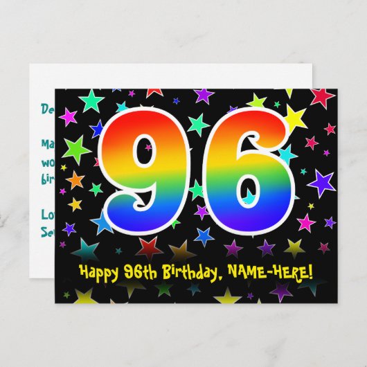 96e verjaardag: Fun Stars Pattern, Rainbow 96, Naa Briefkaart (Voorkant / Achterkant)