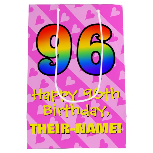 96e verjaardag: leuke roze harten strepen; regenbo medium cadeauzakje (Achterkant)