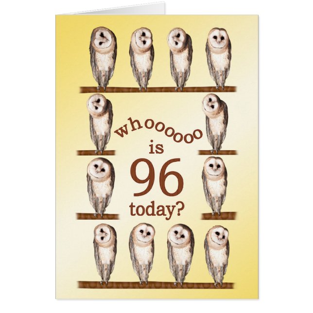 96e verjaardag, nieuwsgierige uilkaart. (Voorkant)