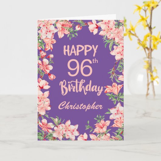 96e verjaardag Paarse Pink Peach Waterverf Floral Kaart (Gele Bloem)