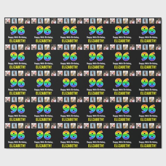 96e verjaardag: Regenboog "96"; Aangepaste Foto's  Cadeaupapier (Zoom)