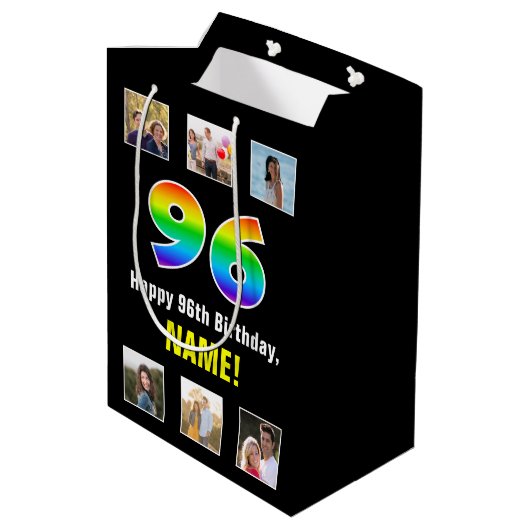 96e verjaardag: Regenboog "96", aangepaste foto's  Medium Cadeauzakje (Achterkant Gekanteld)