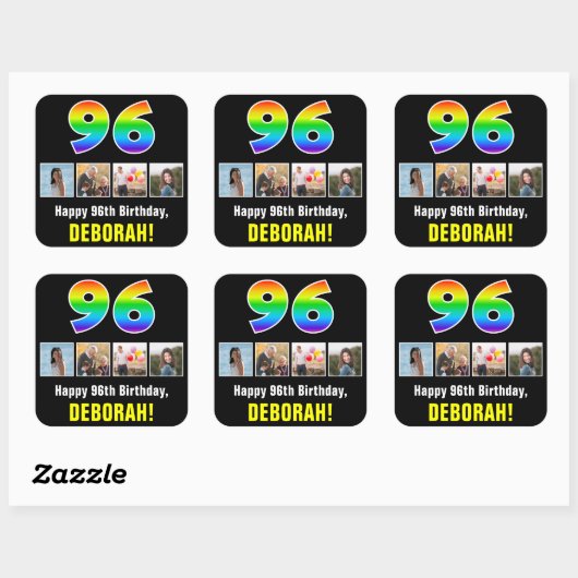 96e verjaardag: Regenboog "96"; Aangepaste Foto's  Vierkante Sticker (Vel)
