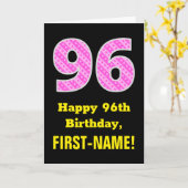 96e verjaardag: Roze strips en hart "96" + naam Kaart (Gele Bloem)