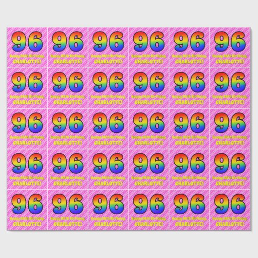 96e verjaardag: roze strips & harten, regenboognr. cadeaupapier (Vlak)