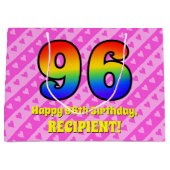 96e verjaardag: roze strips & harten, regenboognr. groot cadeauzakje (Voorkant)