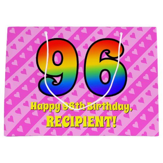 96e verjaardag: roze strips & harten, regenboognr. groot cadeauzakje (Voorkant)