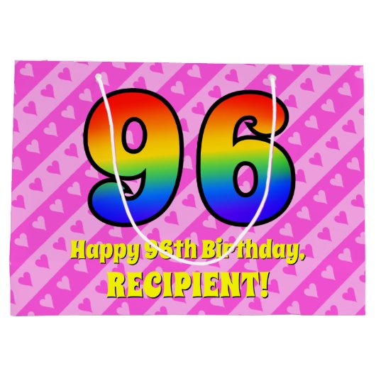 96e verjaardag: roze strips & harten, regenboognr. groot cadeauzakje (Achterkant)