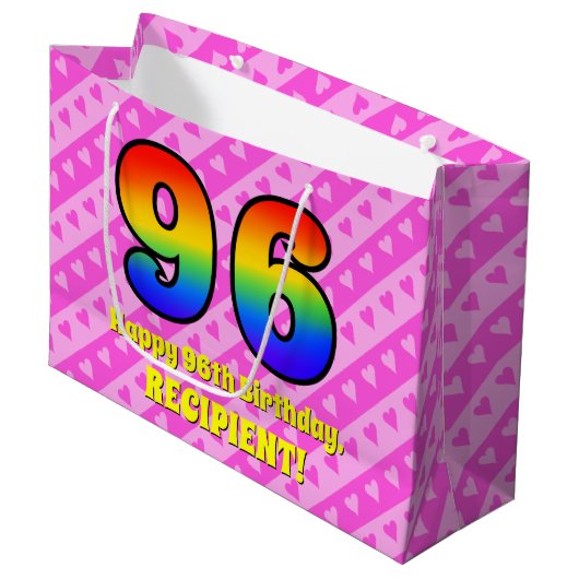 96e verjaardag: roze strips & harten, regenboognr. groot cadeauzakje (Voorkant Gekanteld)