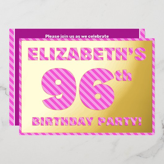 96e verjaardag — Vet, vuurtje, roze band # 96 Folie Uitnodiging (Voorkant / Achterkant)