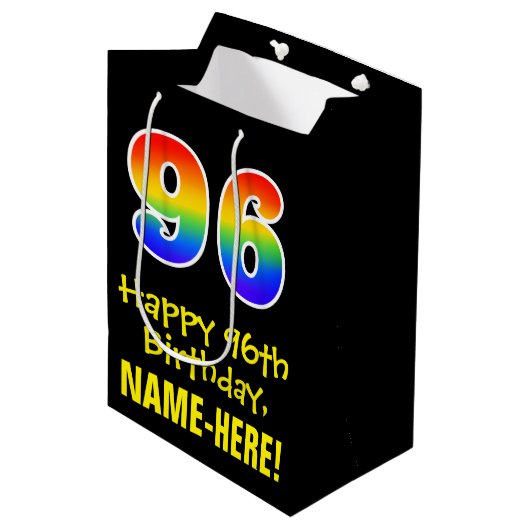 96e verjaardag: vun, vet, kleurrijk, regenboog "96 medium cadeauzakje (Voorkant Gekanteld)
