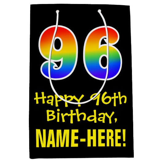 96e verjaardag: vun, vet, kleurrijk, regenboog "96 medium cadeauzakje (Voorkant)