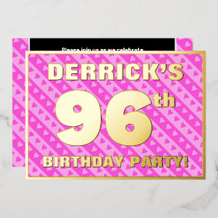 96e verjaardag — vuurroze harten en strips folie uitnodiging