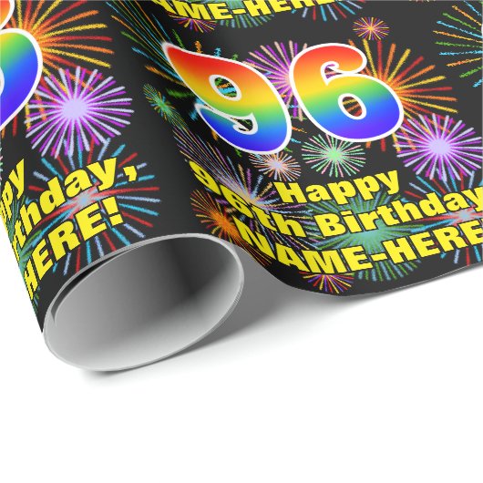 96e verjaardag: vuurwerk, regenboogblik # "96" cadeaupapier (Rol Hoek)
