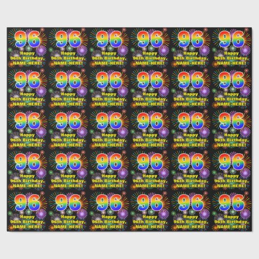 96e verjaardag: vuurwerk, regenboogblik # "96" cadeaupapier (Zoom)