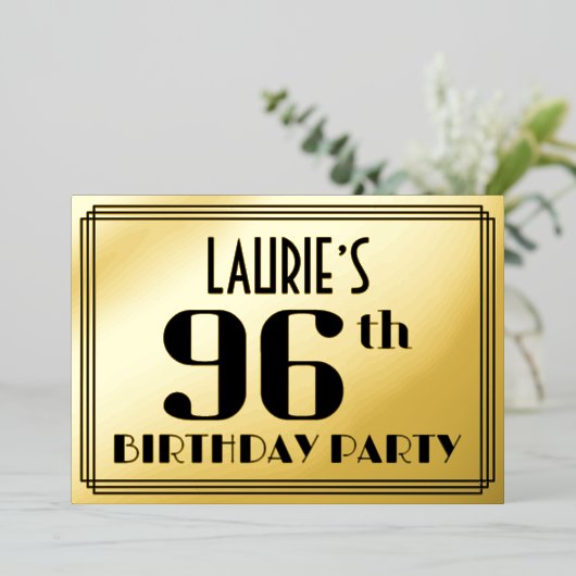 96e verparty: Art Deco-look “96” en naam Folie Uitnodiging (Staand Voorkant)
