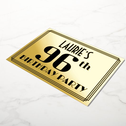 96e verparty: Art Deco-look “96” en naam Folie Uitnodiging (Gedraaid)