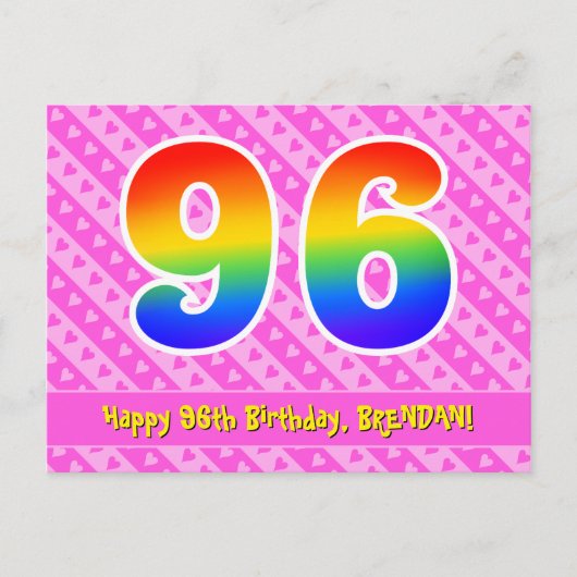 96ste verjaardag: Roze strepen & harten, Regenboog Briefkaart (Voorkant)