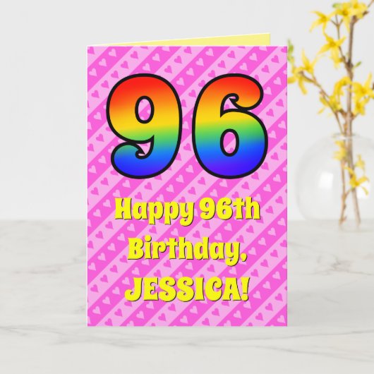 96ste verjaardag: Roze strepen & harten, Regenboog Kaart (Gele Bloem)