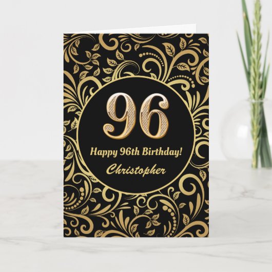 96th Birthday Black en Gold Floral Pattern Kaart (Voorkant)