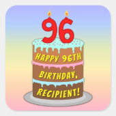 96th Birthday: Fun Cake and Candles + Custom Name Vierkante Sticker (Voorkant)