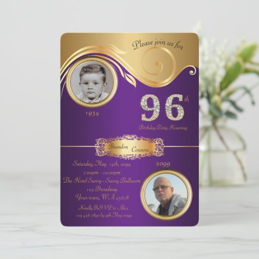 96th, Birthday Man 96th, elegant art deco, paars Kaart (Staand voorkant)