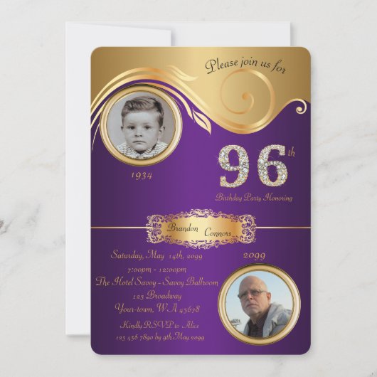 96th, Birthday Man 96th, elegant art deco, paars Kaart (Voorkant)