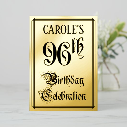 96th Birthday Party — Elegant Script + aangepaste  Folie Uitnodiging (Staand Voorkant)