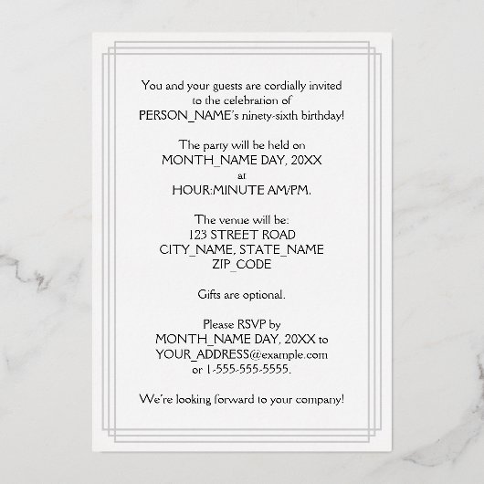 96th Birthday Party — Fancy script & aangepaste na Folie Uitnodiging (Achterkant)