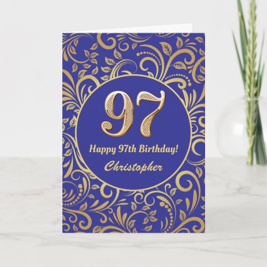 97e Birthday Navy Blue en Gold Floral Pattern Kaart (Voorkant)