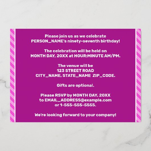 97e Birthday Party — Bloed, vuurtje, roze strips # Folie Uitnodiging (Achterkant)