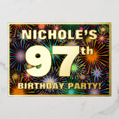 97e Birthday Party - Fun, kleurrijke Fireworks loo Folie Uitnodiging (Voorkant)