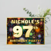 97e Birthday Party - Fun, kleurrijke Fireworks loo Folie Uitnodiging (Staand Voorkant)