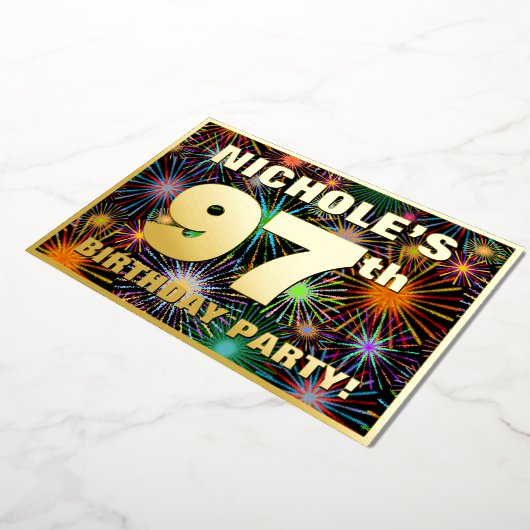 97e Birthday Party - Fun, kleurrijke Fireworks loo Folie Uitnodiging (Gedraaid)