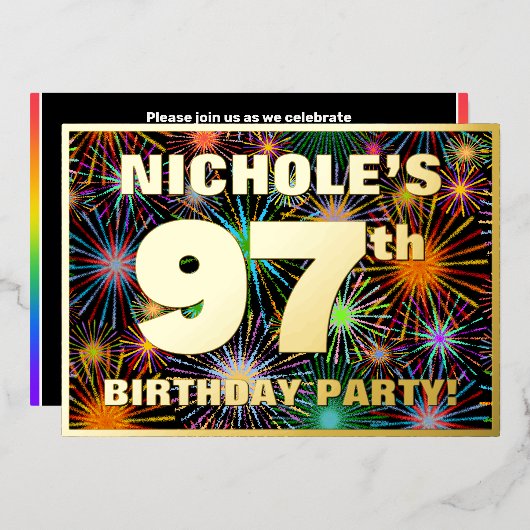 97e Birthday Party - Fun, kleurrijke Fireworks loo Folie Uitnodiging (Voorkant / Achterkant)